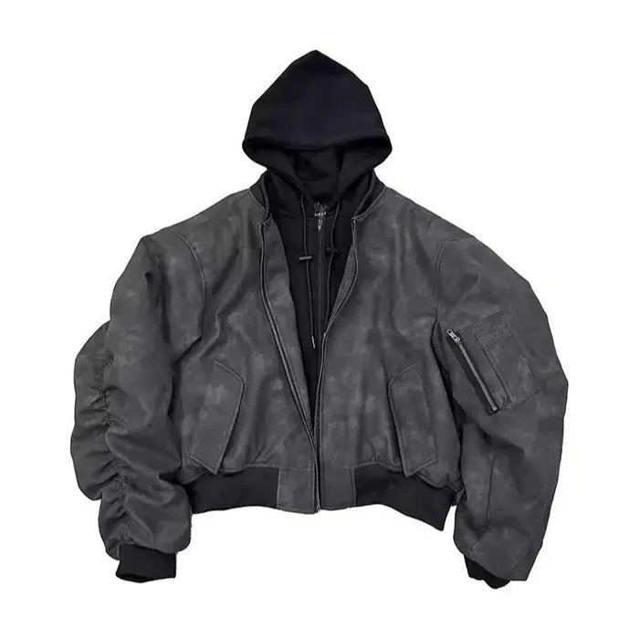 Veste Homme Printemps Automne Style Urbain Patchwork à Capuche Faux Cuir Deux Pièces Manches Longues