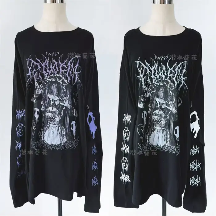 T-shirt à manches longues noir col rond Y2K, imprimé anime subculture japonaise, nouvelle collection