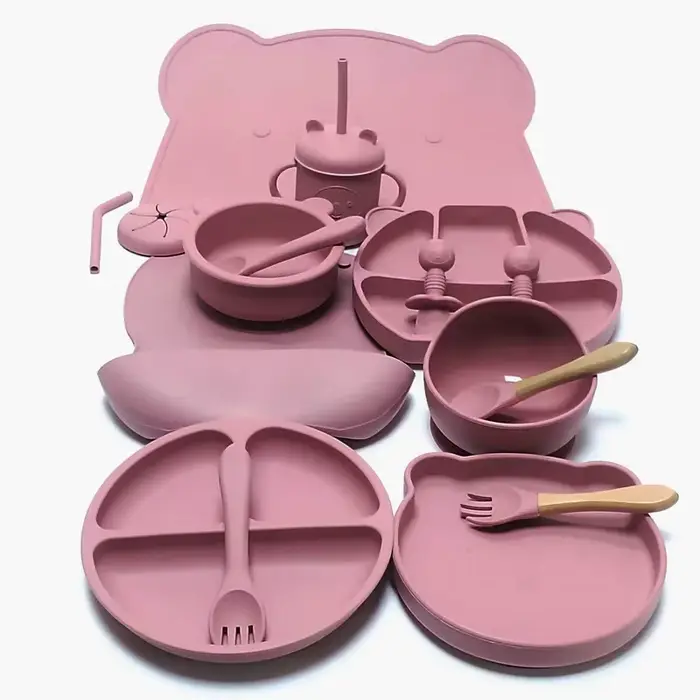 Ensemble d'ustensiles en silicone pour enfants, ensemble d'assiettes queplate, ventouse complémentai