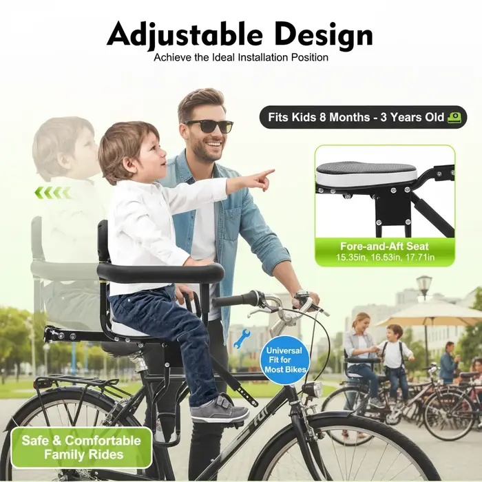 Siège enfant pour vélo, fixation 2 points, siège avant pour vélo adulte, siège enfant réglable pour 