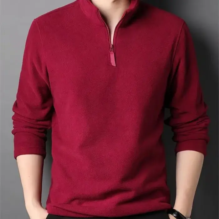 Polos chauds en laine d'agneau pour hommes, sweat-shirt, col montant, demi-fermeture éclair, manches