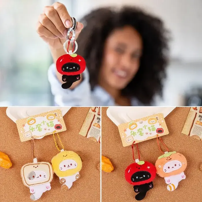 Porte-clés chat en peluche multicolore, pendentif, décoration de voiture, chat de dessin animé, sac 