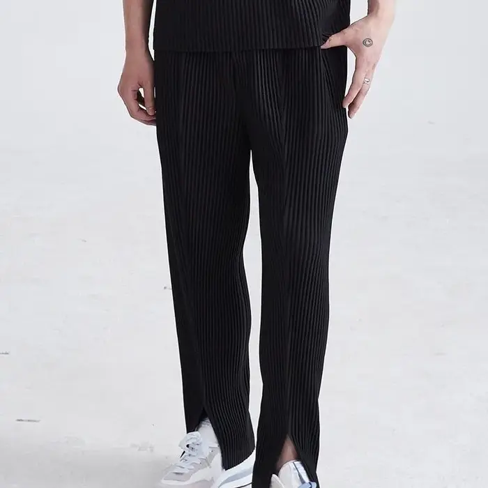 Miyake plissé hommes fente pantalon noir drapé automne décontracté pantalon droit ample Simple vêtem