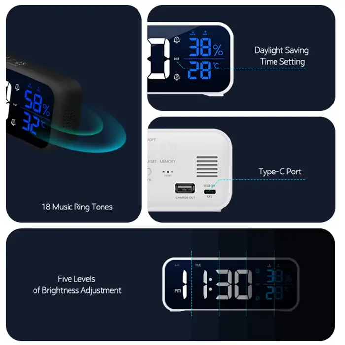 Réveil numérique de Table, horloge électronique avec température, humidité, jour de la semaine et do