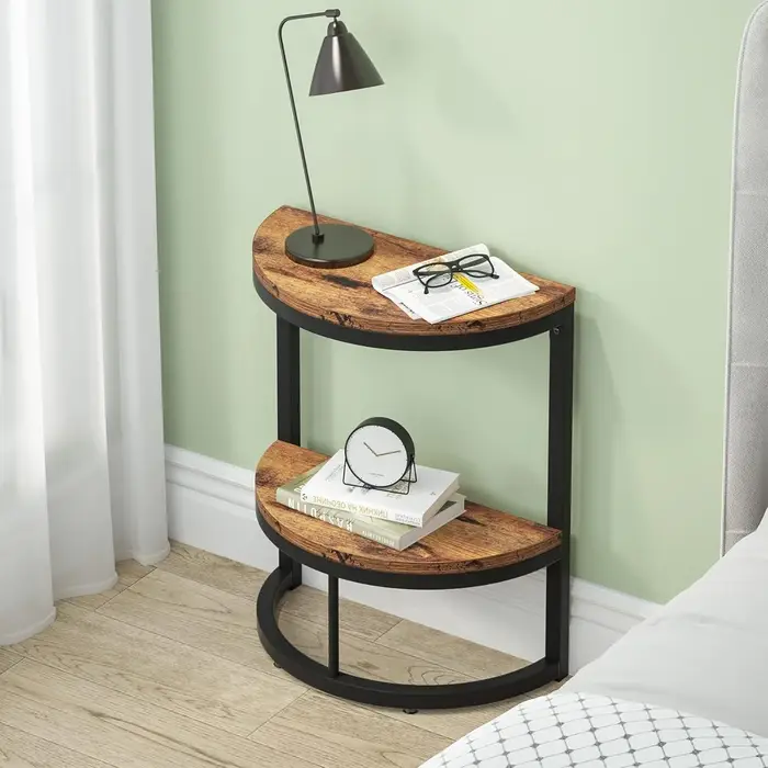 Table d'appoint semi-cercle à 2 niveaux, table d'appoint demi-ronde avec étagère de rangement, table