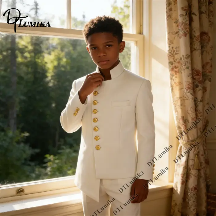 Costume de Cérémonie Élégant pour Garçon : Veste à Col Montant avec Boutons Dorés et Pantalon Assort