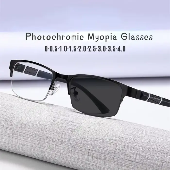 Lunettes de myopie photochromiques vintage pour hommes, demi-monture en métal, lunettes bloquant la 