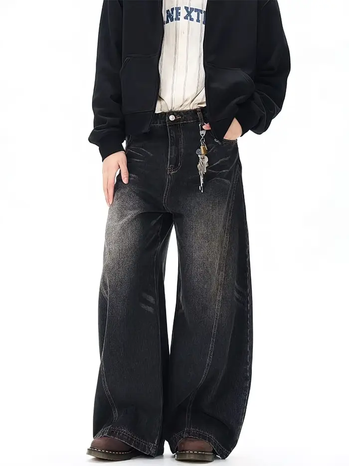 Vintage noir lavé Baggy jean pantalon hommes jambe large lame incurvée pantalon Streetwear Cowboy dé