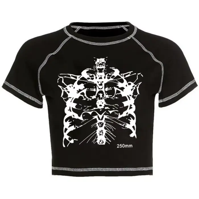 Vêtements graphiques vintage amusants pour filles, haut court noir, imprimé tête de mort mince, Swee