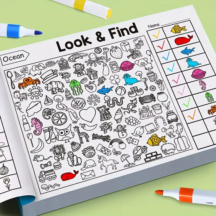Livre interactif d'objets et de coloriage cachés pour-éducation avec des activités de recherche, d'a