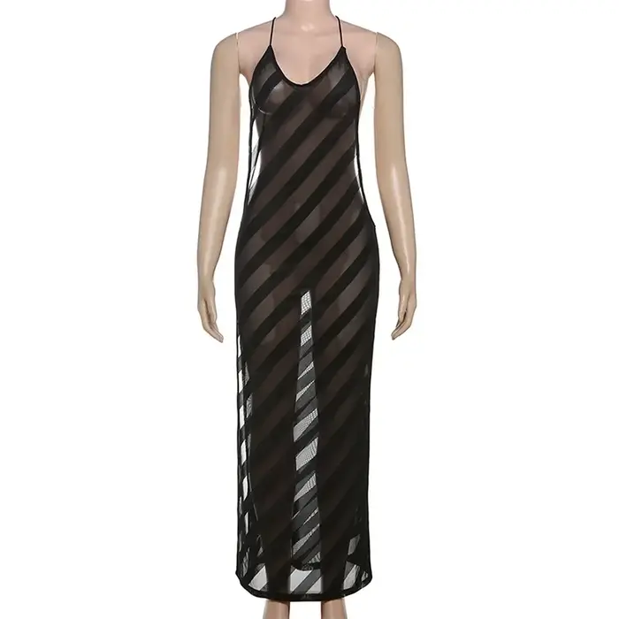 Maille voir à travers Sexy licou fête Club Maxi robe fendue tenues femmes été sans manches dos nu mo
