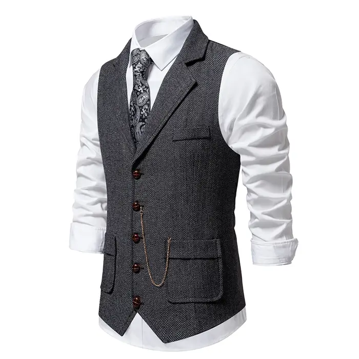 Gilet rétro à chaîne à revers pour hommes, mode chevrons, poches en Tweed grossier, gilet de costume