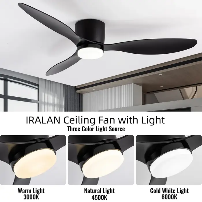 IRALAN ventilateur de plafond avec lumière 6 vitesses choix moteur à courant continu réversible 3CCT avec télécommande m