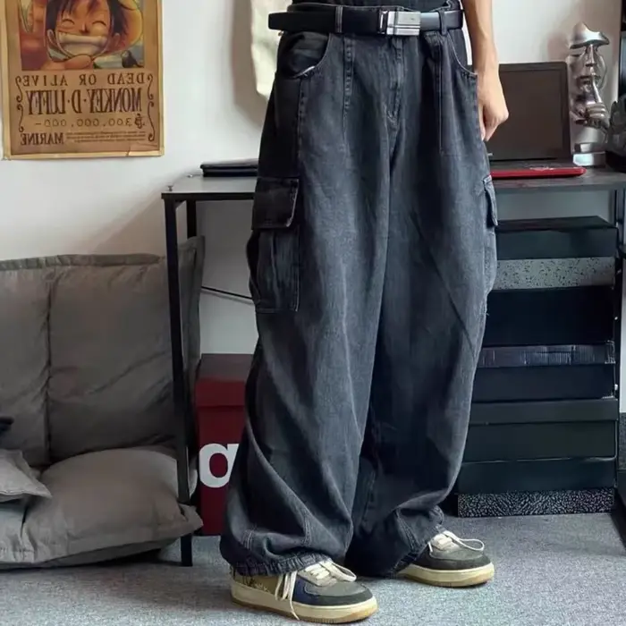 Jean Baggy surdimensionné pour hommes, pantalon Cargo coréen noir large, Streetwear Hip Hop Harajuku