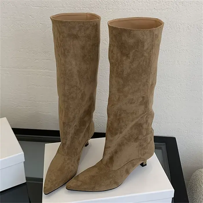 Automne hiver Style De rue bout pointu bottes hautes femmes talons bas chaussures femme chaussons lo