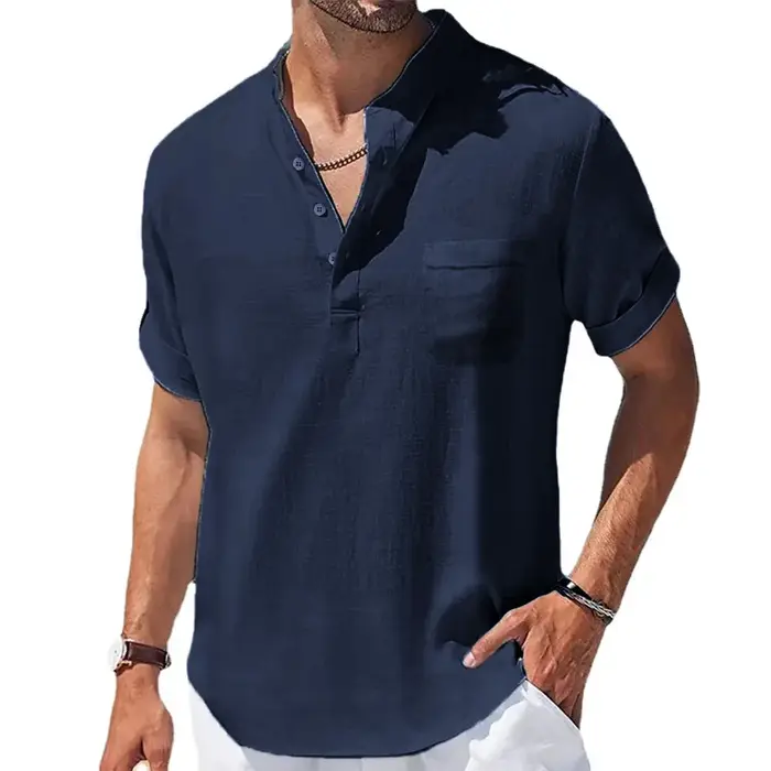 Été nouveaux hommes coton et lin chemises à manches courtes T-shirt col Henry décontracté hommes T-s