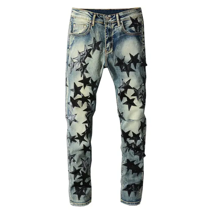 Jean Stretch déchiré en cuir pour hommes, pantalon crayon Slim, Patchwork, Denim, trous