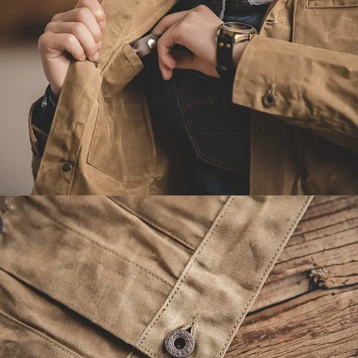 Maden Vintage hommes toile huile cire vestes kaki multi-poches revers col simple boutonnage veste co