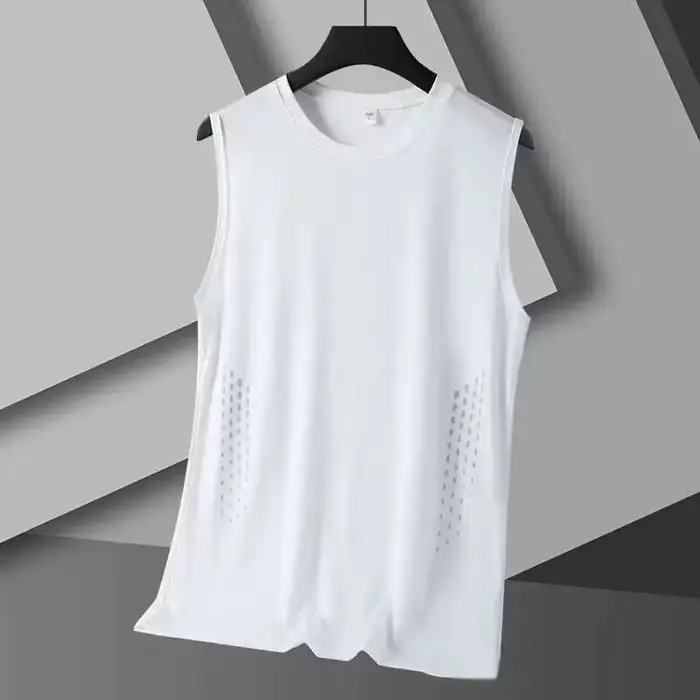 Débardeur d'été en maille pour homme, sans manches, imprimé, col rond, en soie glacée, pour le baske