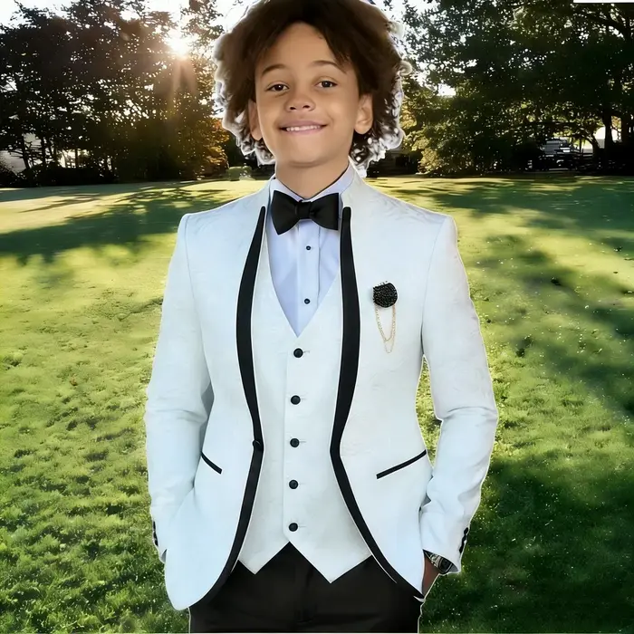 Costume Jacquard Blanc pour Garçon, Tenue de Cérémonie pour Mariage, Smoking à Col Montant, Vêtement