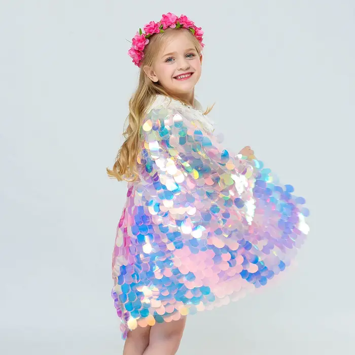Cape à paillettes pour filles, petite sirène, vêtements de fête sur la plage, châle arc-en-ciel, Cos