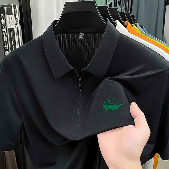 Polo texturé premium pour homme, sans couture, demi-zip, imprimé crocodile, manches courtes, col rev