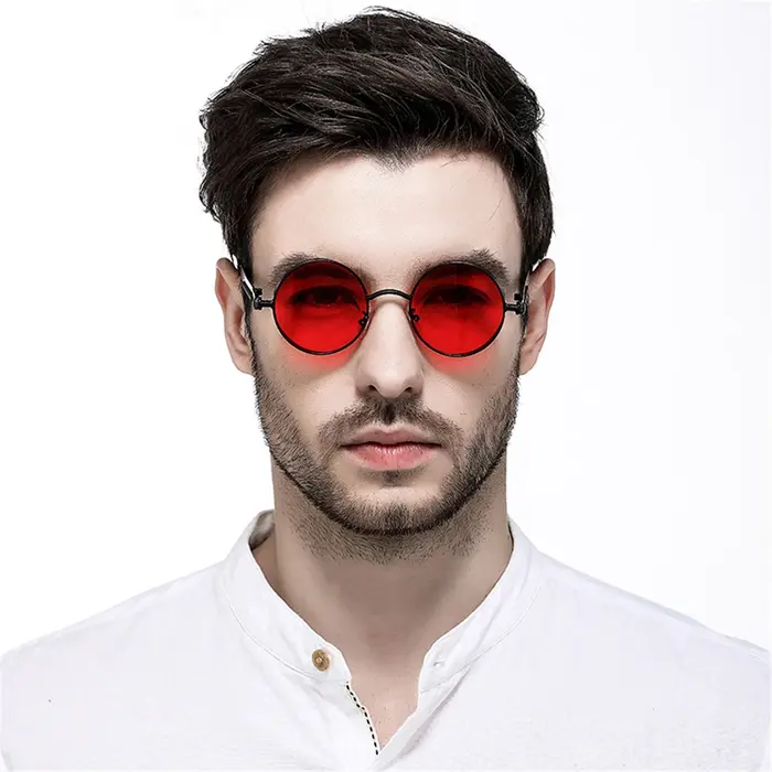 VIVIBEE Lunettes de soleil vintage steampunk rouges pour hommes, lunettes rondes punk en alliage mét