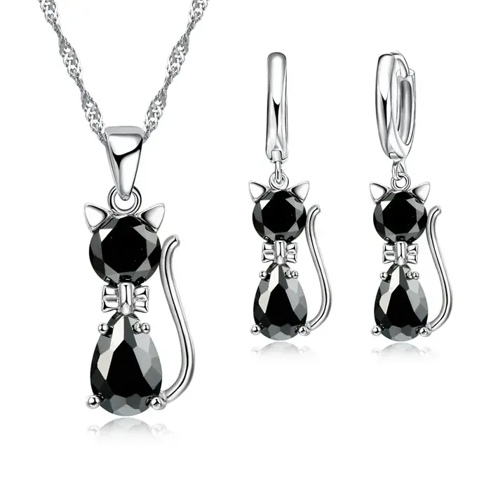 Ensembles de bijoux en argent CZ pour femmes et filles, collier en forme de chat mignon, ensemble de