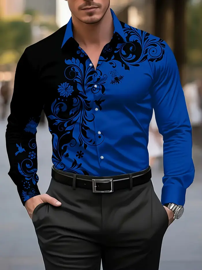 Chemise habillée élégante à imprimé floral rouge pour hommes - Chemise décontractée à manches longue