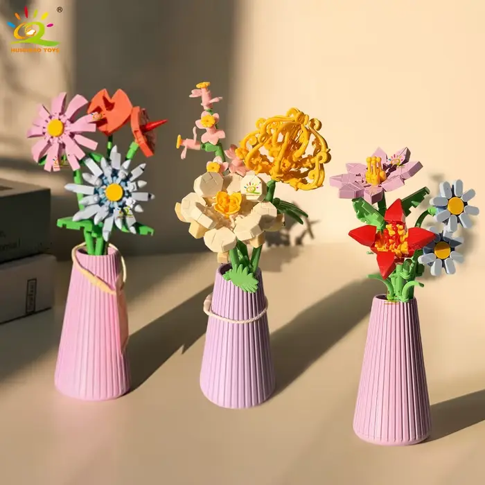 HUIQIBAO MOC Bouquet de fleurs éternelles avec pot Micro bloc de construction tournesol Rose Mini mo