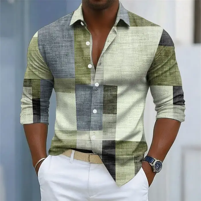 Chemise à manches longues à imprimé rétro à carreaux pour hommes, devant boutonné pour un usage quot