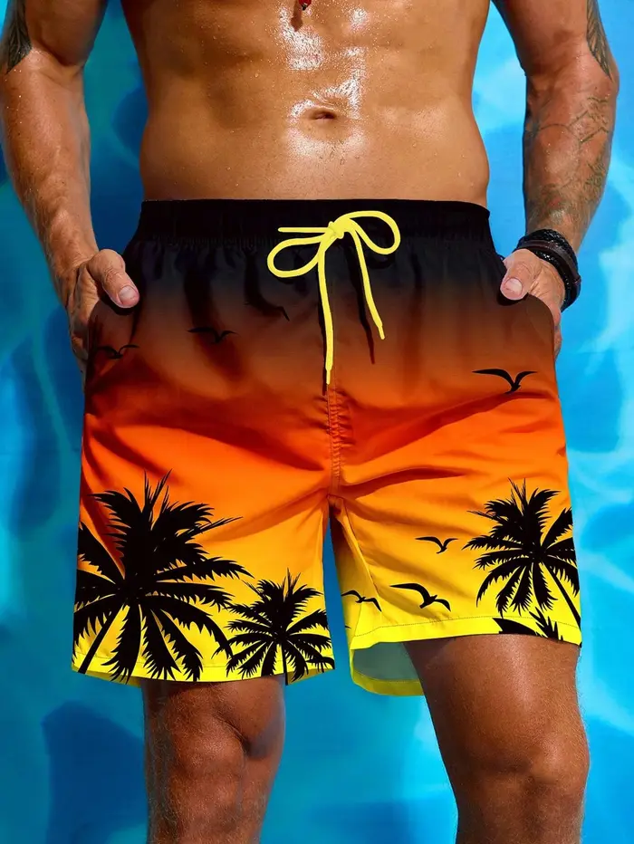 Short de bain respirant avec imprimé palmier pour hommes, short de planche à la taille, maillot de b