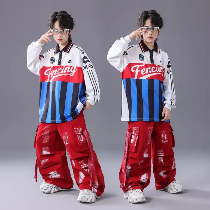 Ensemble hip-hop K-pop pour fille - T-shirt rayures patchwork et pantalon cargo danse streetwear