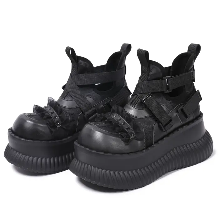 Chaussures à fond épais et haut pour femmes, Style foncé, Niche Mary Jane en dentelle croisée, douce
