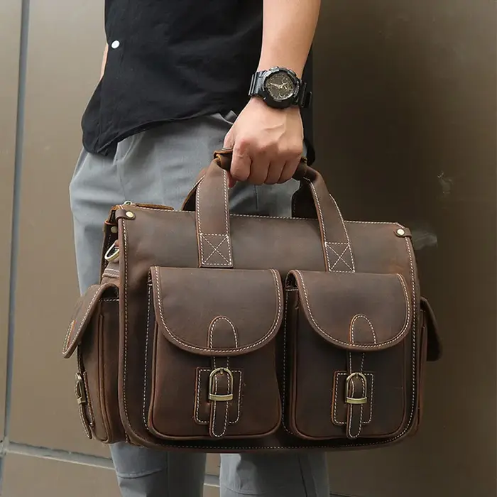 Porte-documents Vintage en cuir de vache véritable pour homme, sac d'ordinateur portable de 15 pouce