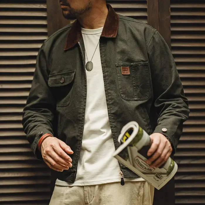 Maden-Veste en toile épaisse rétro pour homme, veste zippée courte avec poches, col en velours côtel