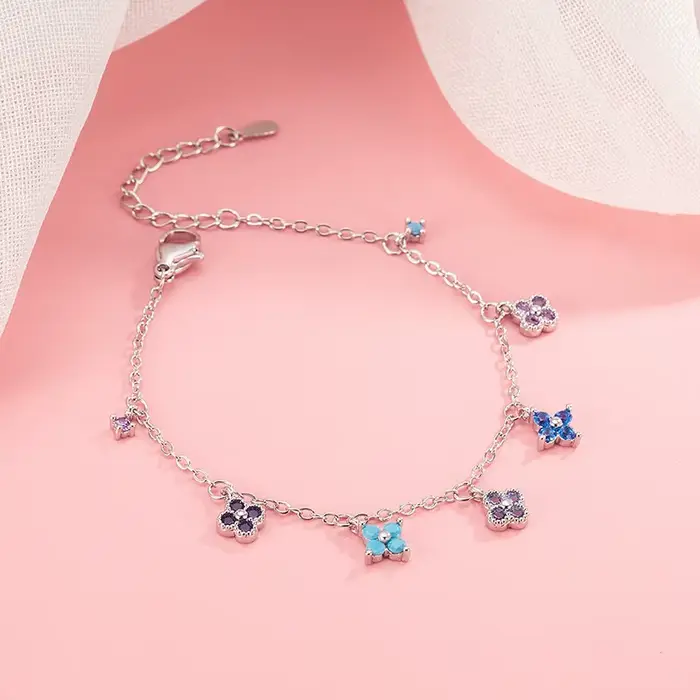 Bracelet et chevillère en argent sterling 925, nouveau, trèfle à quatre feuilles multicolore, diaman