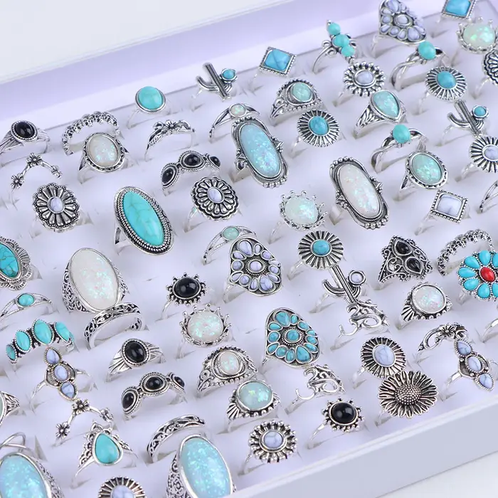 Bagues Vintage Boho en verre Turquoise pour femmes, 20/30 pièces/lot, mode Style vacances, Festival 
