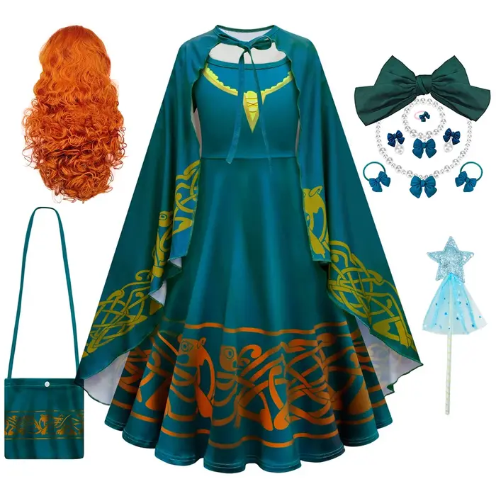 Robe de cosplay princesse Merida pour filles - Costume 3D manches longues, fête d'anniversaire