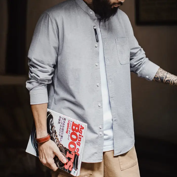 Chemise en coton Oxford à col rond pour homme Maden, manches longues, décontractée, unie, à simple b