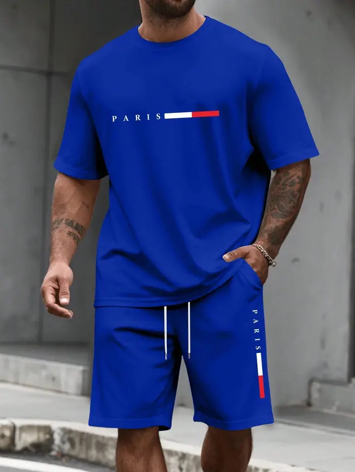 Ensemble de sport décontracté d'été pour hommes : T-shirt à col rond à manches courtes et short de s