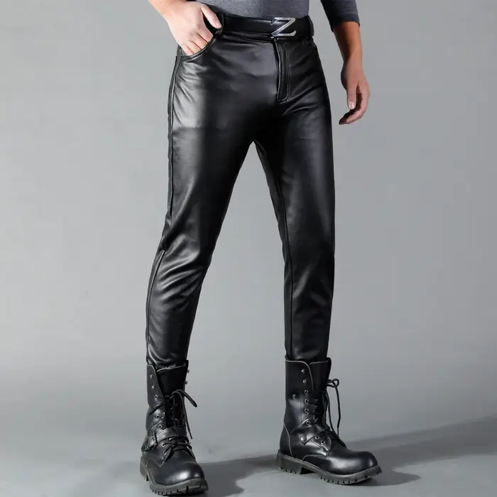 Pantalon en cuir pour hommes, coupe slim, élastique, mode, pantalon de motard en cuir PU, pantalon d
