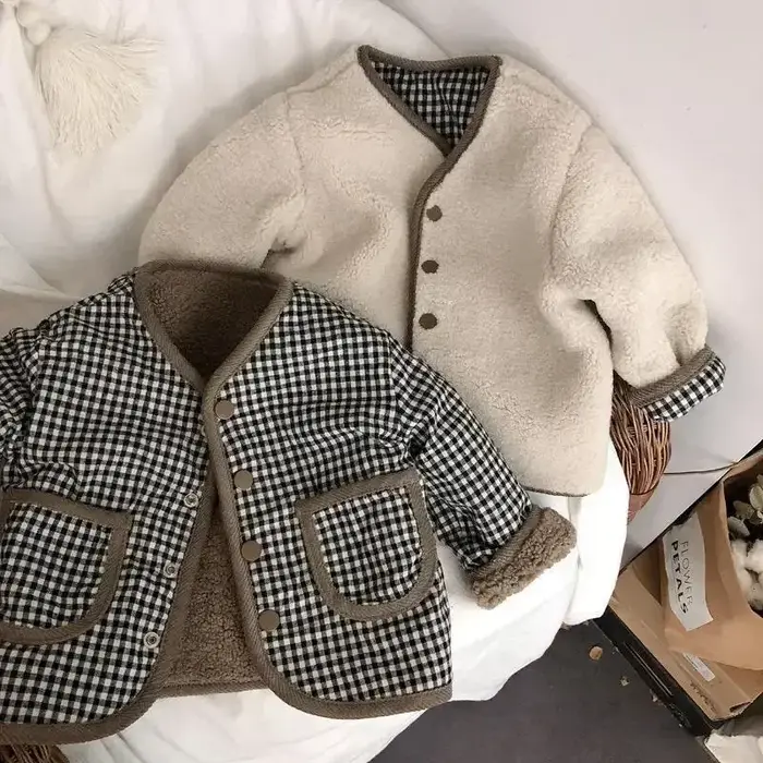 Veste chaude enfants automne hiver réversible plaid peluche - Vêtement bébé garçon fille doux et confortable