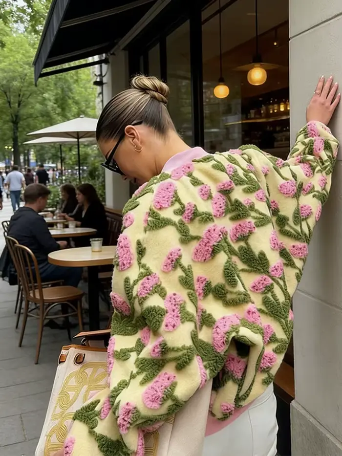 Blouson Bomber en Peluche Fleuri Chic et Décontracté pour Femme, Coupe Ample à Manches Longues, Ferm