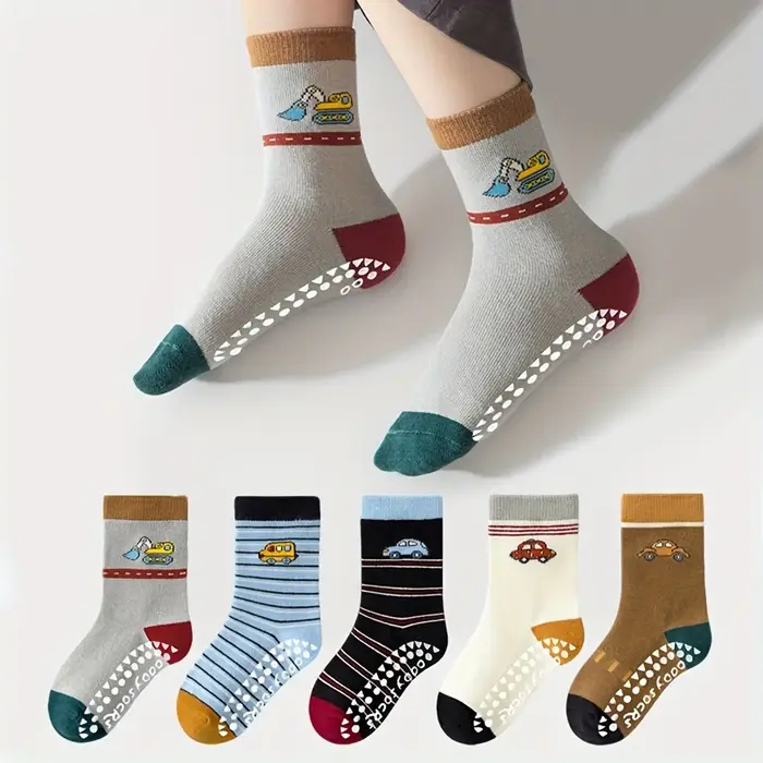 5 paires de chaussettes de sol pour enfants avec rayures de dessin animé et motifs de voiture, point