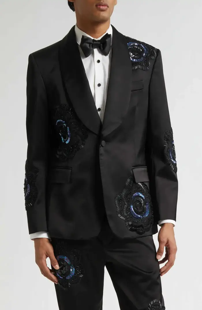 Costume de Mariage Tendance pour Marié, Smoking à Revers Châle Perlé, Simple Boutonnage, 2 Pièces (V