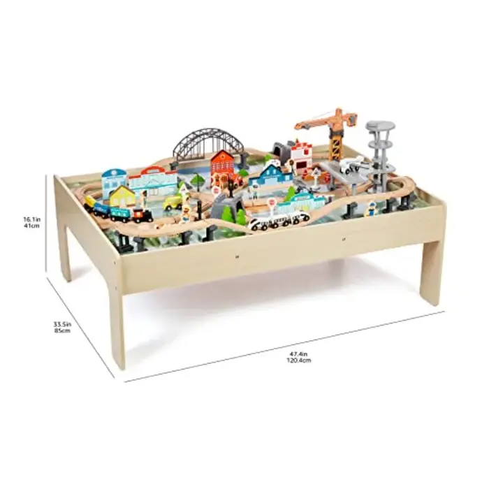 Amazon Basics Ensemble de train en bois de 120 pièces avec table d'activité Pistes robustes Poubelle