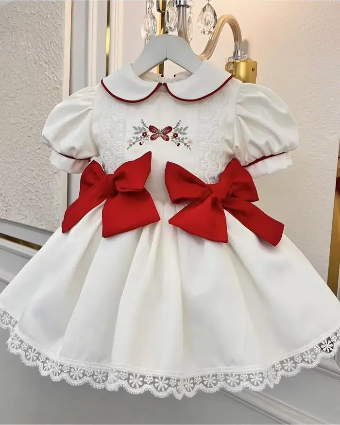 0-12Y bébé fille été fleur rouge broderie Vintage princesse robe de bal robe blanche pour fête Eid a