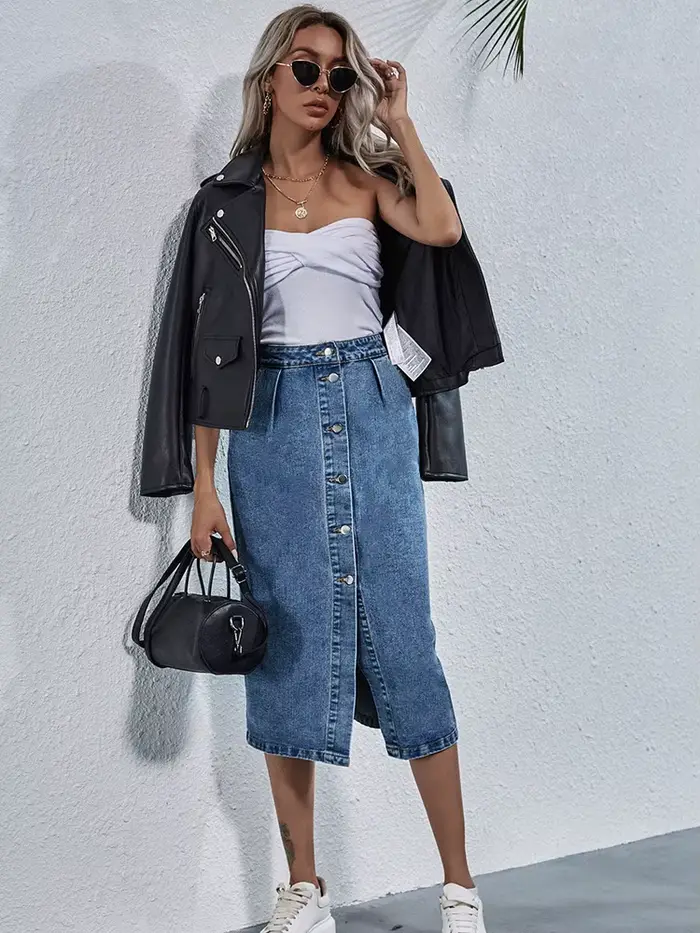 Benuynffy-Jupe en jean droite à boutonnage simple pour femme, longueur au genou, streetwear décontra