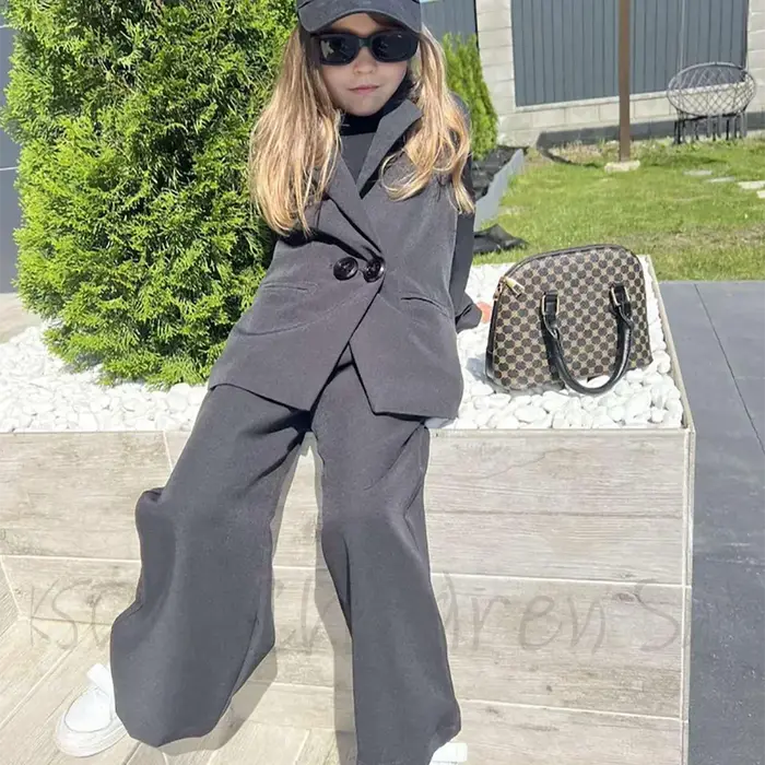 Costume pour filles, ensemble 2 pièces à la mode, revers cranté, Double boutonnage, vêtements de cér